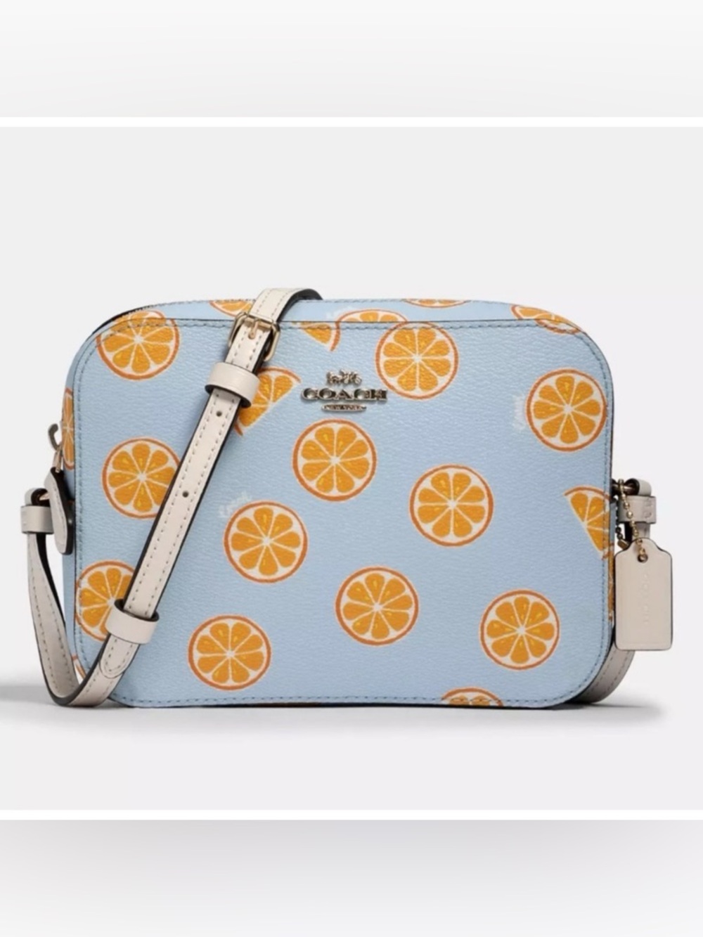 🍊NWT COACH Oranges Print Mini Camera Bag Leather Crossbody Light Blue